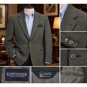Vintage Kuppenheimer Men’s Blazer 100% Wool USA Gray Houndstooth Sport Coat